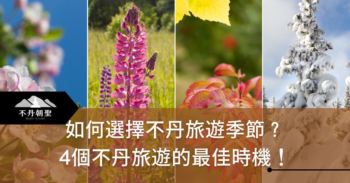 該圖片展示了四季的變化，從春天的花朵、夏天的綠意、秋天的紅葉到冬天的雪景，為旅客提供不丹不同季節的最佳旅行時間建議。
