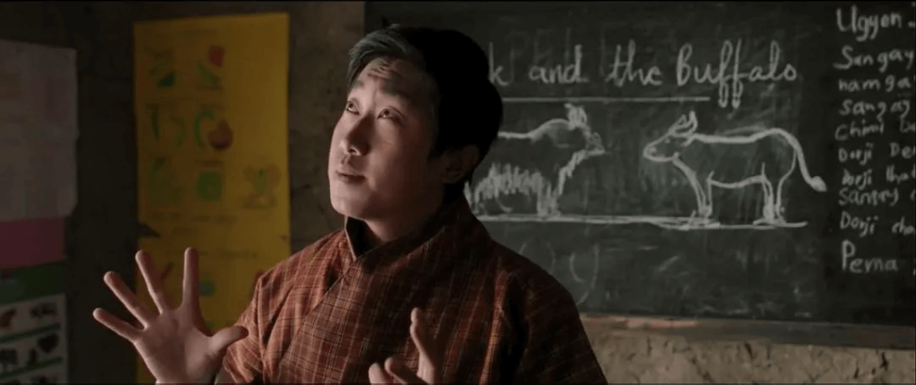 這張圖片展示了一位不丹老師站在黑板前，表情生動地向學生們解釋課程內容。黑板上畫有牛與水牛的圖案，標題寫著「Yak and the Buffalo」。老師穿著傳統的不丹服飾，背景的教學氛圍樸實且充滿濃厚的文化氣息，讓人感受到不丹教育環境的獨特之處。