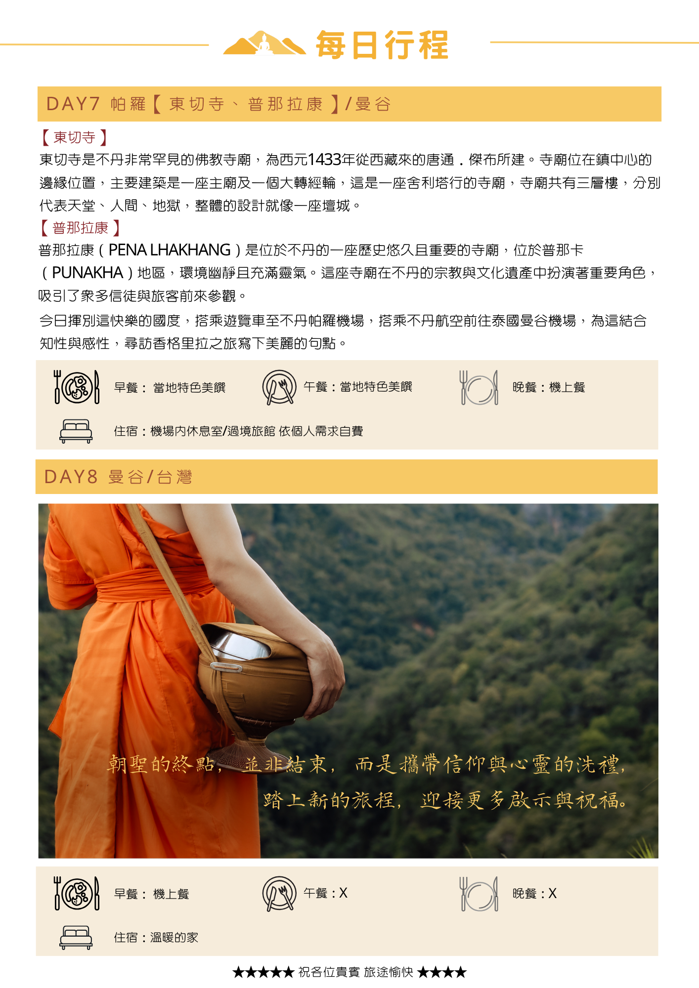該圖片介紹第七天與第八天的結尾行程。第 7 天參訪罕見壇場設計的「東切寺」與歷史悠久的「普那拉康」，隨後前往帕羅機場飛往曼谷；第 8 天由曼谷返抵台灣。主圖為僧侶手持托缽走向山林的背影，象徵「朝聖的終點，攜帶信仰與心靈洗禮踏上新旅程」，下方標明餐食與「溫暖的家」住宿資訊。