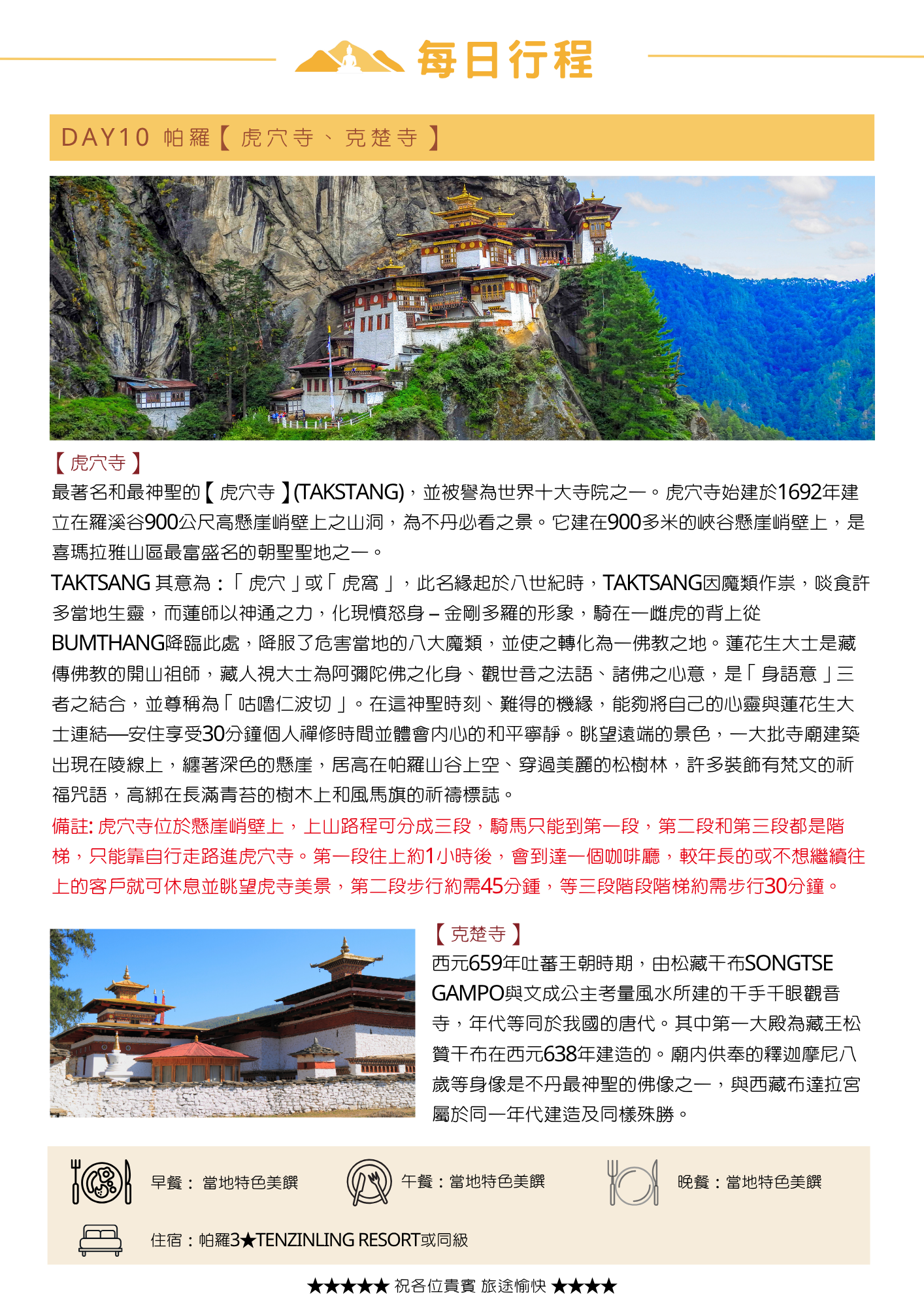 該圖片詳細介紹第十天前往懸崖峭壁上的「虎穴寺（Taktshang）」與西元 659 年松贊幹布所建的「克楚寺」。圖像包含懸崖邊的虎穴寺全景與克楚寺古樸建築照片，內文更貼心附上虎穴寺三段徒步/騎馬路線的時間與注意事項說明，下方標示當天餐食與入住 Tenzinling Resort 之資訊。