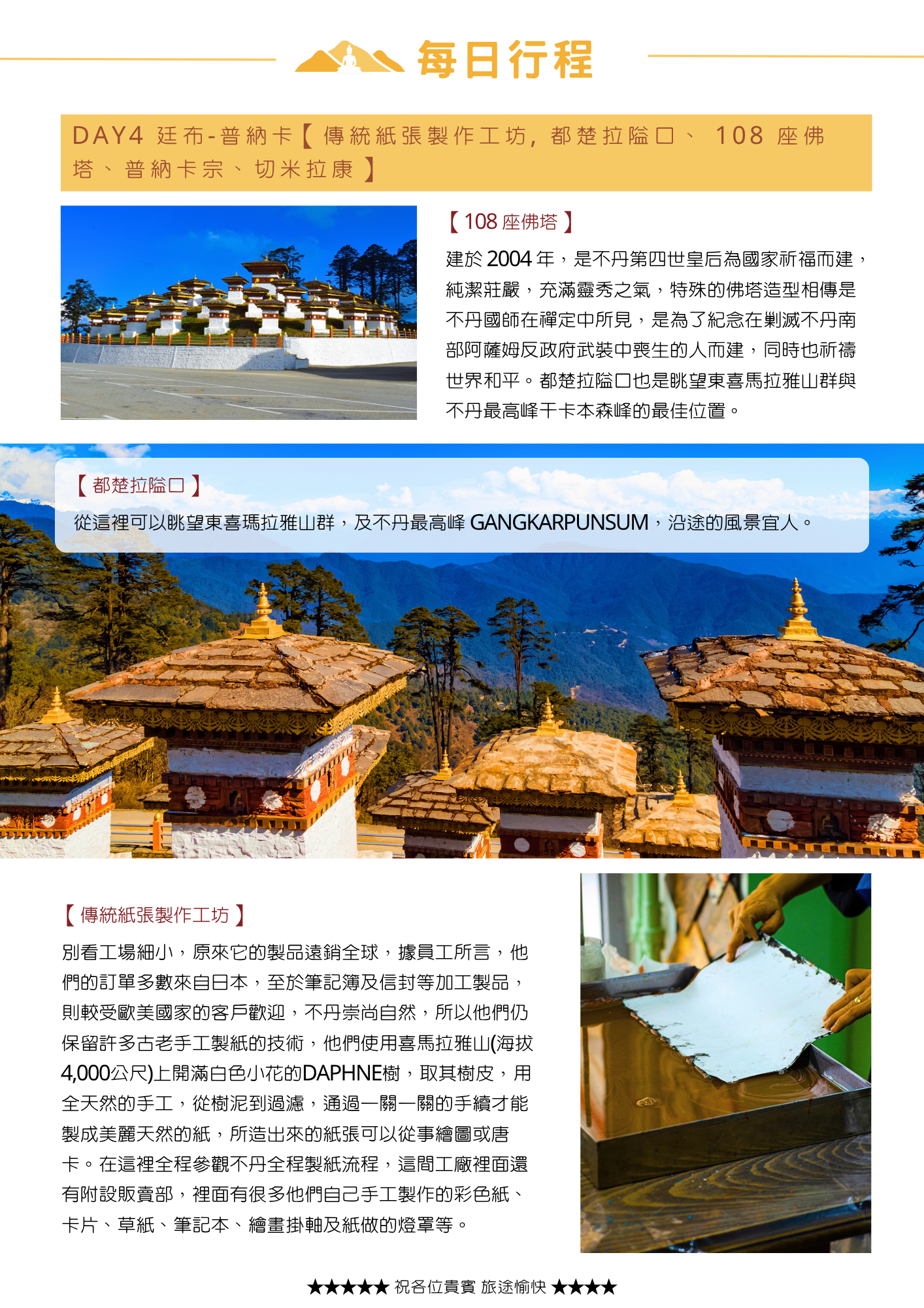 該圖片介紹第四天由廷布前往普納卡的行程（第一頁）。包含參訪紀念陣亡將士的「108座佛塔」、遠眺喜馬拉雅山脈群峰的「都楚拉隘口」，以及體驗採用喜馬拉雅 Daphne 樹皮純手工製紙的「傳統紙張製作工坊」。圖像附有手工造紙過程照片，下方標示當天行程資訊。