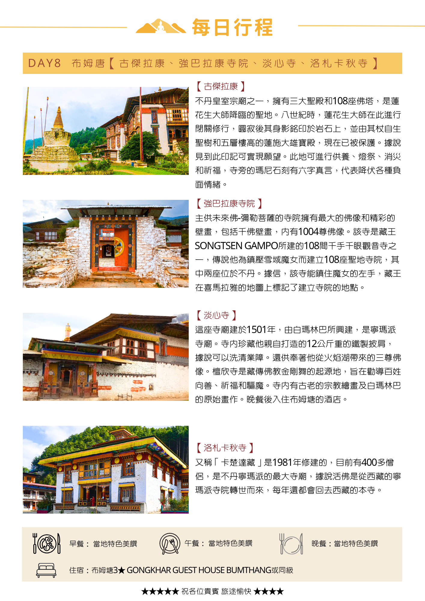 該圖片介紹第八天的布姆塘古煞巡禮。參訪印有蓮師身印的皇室宗廟「古傑拉康」、松贊幹布所建的「強巴拉康寺院」、藏傳金剛舞起源地「淡心寺」，以及不丹寧瑪派最大寺廟「洛札卡秋寺」。圖像呈現四座經典寺廟建築風貌，下方註明當天餐食與住宿安排。